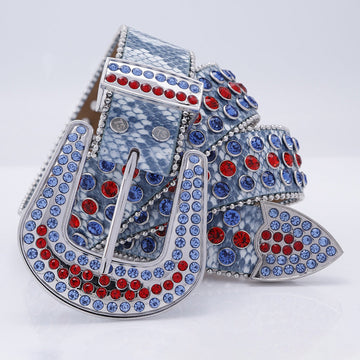 Ruby Engraved Buckle with Blue and Red Strap Rhinestone Belt-Belts-The Rhinestone Belts