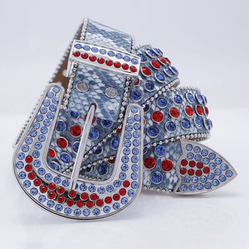 Ruby Engraved Buckle with Blue and Red Strap Rhinestone Belt-Belts-The Rhinestone Belts