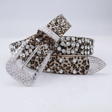 Leopard Engraved Buckle with White Stones Rhinestone Belt-Belts-The Rhinestone Belts
