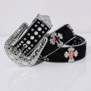 Pink Cross Engraved Buckle with Black Strap and White Stones Rhinestone Belt-Belts-The Rhinestone Belts