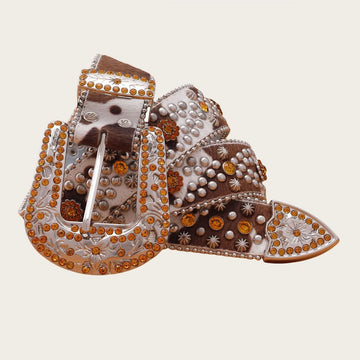 Cowhide-Style Engraved Buckle with Gold Stones Rhinestone Belt-Belts-The Rhinestone Belts