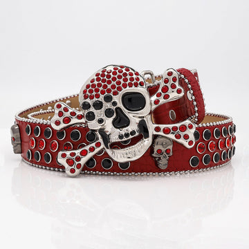 Red Skull Buckle with Black and Red Strap Rhinestone Belt-Belts-The Rhinestone Belts