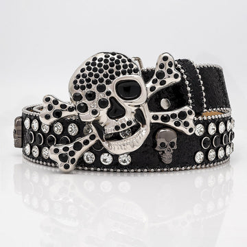 Black Skull Buckle with Black and White Stones Rhinestone Belt-Belts-The Rhinestone Belts