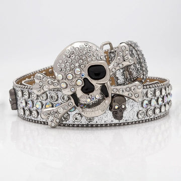 Silver Shiny Skull Buckle with Crystal Strap Rhinestone Belt-Belts-The Rhinestone Belts
