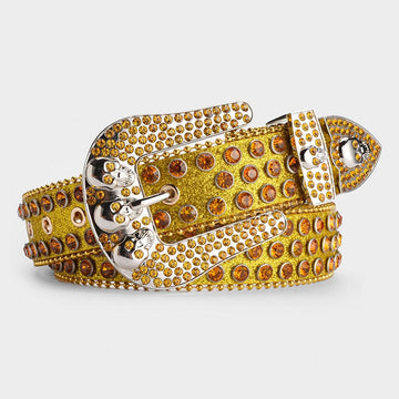 Gold Shiny Skull Buckle with Gold Crystal Strap Rhinestone Belt-Belts-The Rhinestone Belts