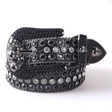 Black Skull Buckle with Black and White Strap Rhinestone Belt-Belts-The Rhinestone Belts