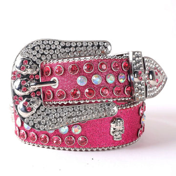 Pink Shiny Skull Buckle with Crystal Strap Cowgirl Rhinestone Belt-Belts-The Rhinestone Belts