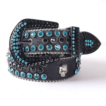Engraved Buckle with Black Strap and Blue Stones Rhinestone Belt-Belts-The Rhinestone Belts
