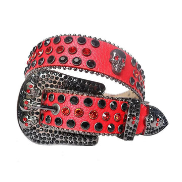 Black and Red Rhinestones with Red Strap and Skull Buckles Rhinestone Belt-Belts-The Rhinestone Belts