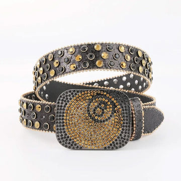 8 Ball Square Buckle Black Rhinestone Belt