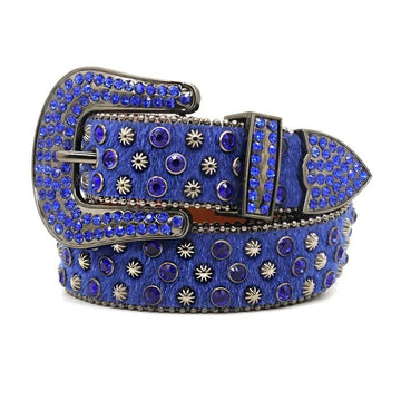 Starburst Stud and Blue Crystal Skull Rhinestone Fur Belt