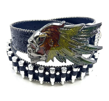 Feathers Skull Rhinestone Belt – Black Glitter Bullet Strap