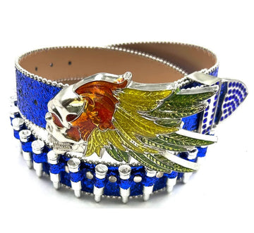 Feathers Skull Rhinestone Belt – Blue Glitter Bullet Strap