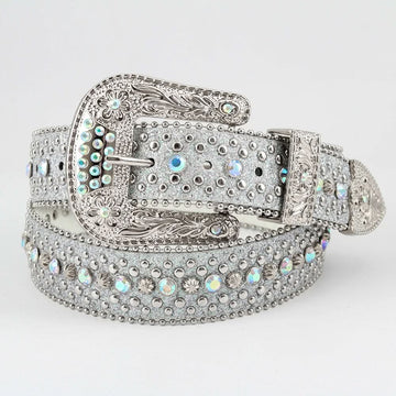 Engraved Silver Strap with Silver & Blue Studs Rhinestone Belt