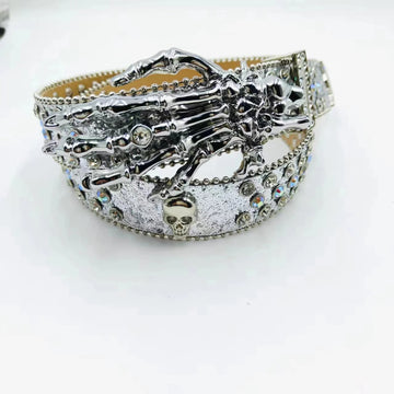 Skeleton Hand Rhinestone Belt Silver Strap