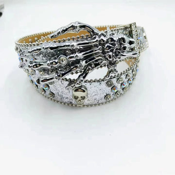 Skeleton Hand Rhinestone Belt Silver Strap