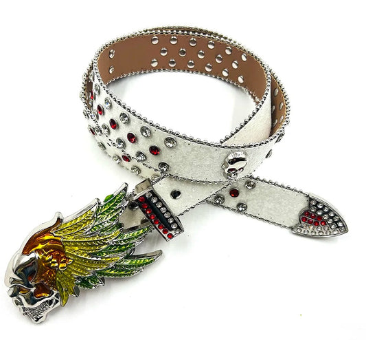 White Feathers Skull Rhinestone Belt