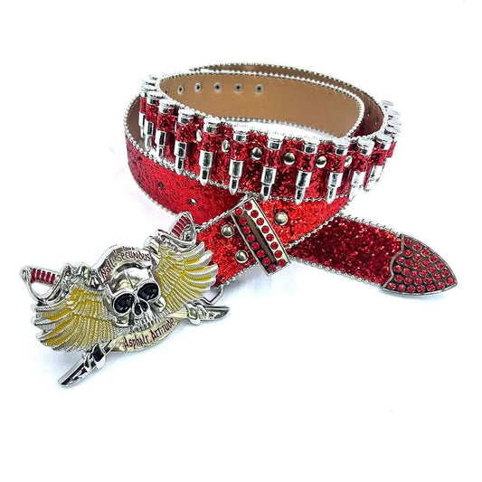 Pirate Skull Angel Wings Rhinestone Belt with Bullets