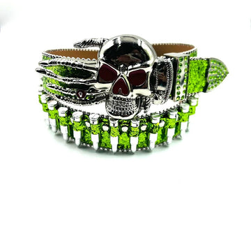 Skeleton Hand Rhinestone Bullet Belt with Green Glitter Strap