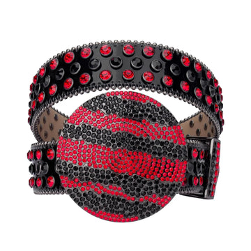 Red & Black Globe Buckle Rhinestone Belt with Black Strap