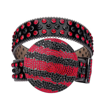 Red & Black Globe Buckle Rhinestone Belt with Black Strap