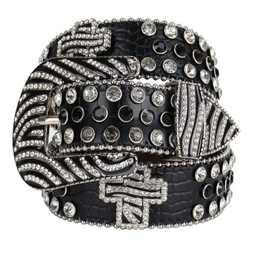 Crocodile Print Silver Studs with Black Strap Rhinestone Belt