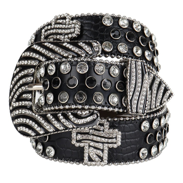 Crocodile Print Silver Studs with Black Strap Rhinestone Belt