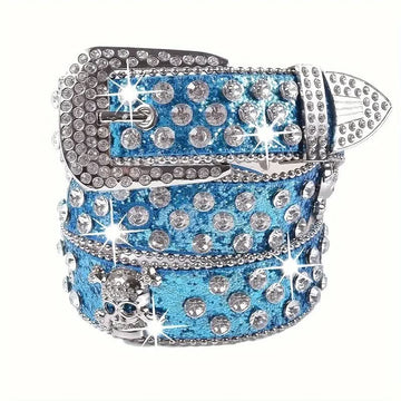 Blue Rhinestone Skull Glitter Belt