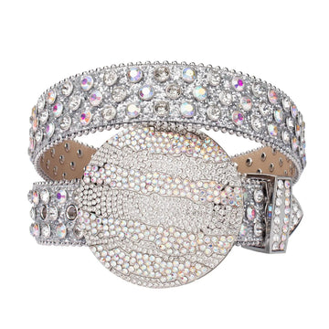 White Globe Buckle Rhinestone Belt with Silver Strap