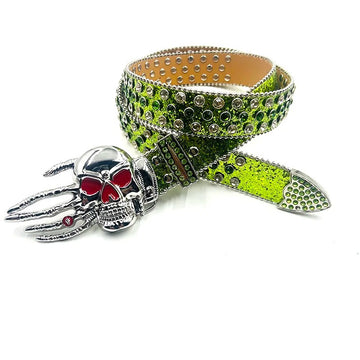 Silver Skeleton Hand Rhinestone Belt Green Strap