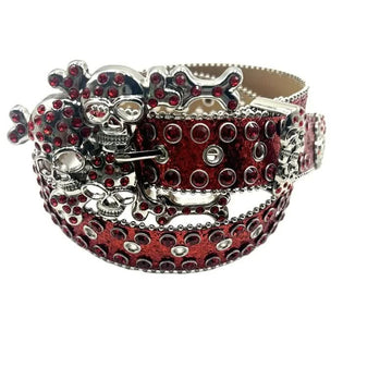 Red studded belt with skull design on a white background