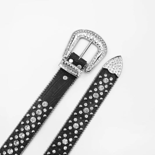 Women Rhinestone Belt for Jeans, Men Western Cowgirl Bling Studded Belt Faux Crocodile Grain Leather