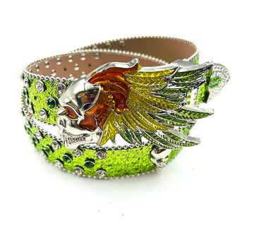 Feathers Skull Rhinestone Belt – Green Glitter Bullet Strap