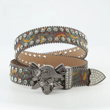 Pirate Skull Buckle Rhinestone Belt – Green Design