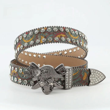 Pirate Skull Buckle Rhinestone Belt – Green Design