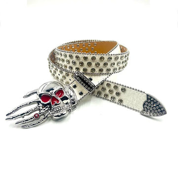 Silver Skeleton Hand Rhinestone Belt White Strap