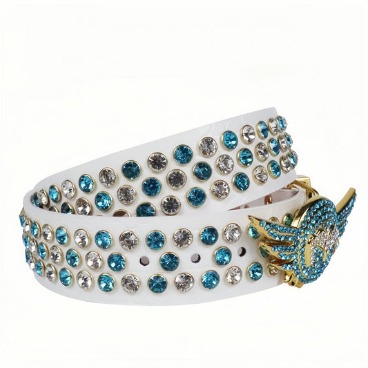 Angel Wings Belt with Blue and Crystal Rhinestones & White Strap