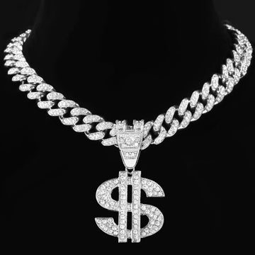Men’s Silver Bling Dollar Pendant with Iced 13mm Cuban Chain Necklace