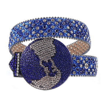 Globe Buckle Rhinestone Belt with Blue Glitter Strap