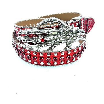 Silver Skeleton Hand Rhinestone Belt Red Strap