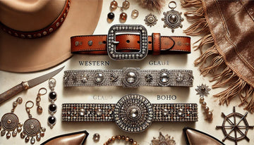  A stylish flat lay display featuring the best rhinestone belts for every style_ Western, Glam, and Boho. The Western belt has a rugged