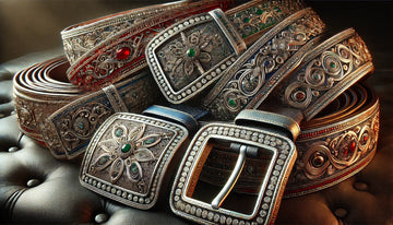 “Close-up of a high-quality leather belt with rhinestone buckle”