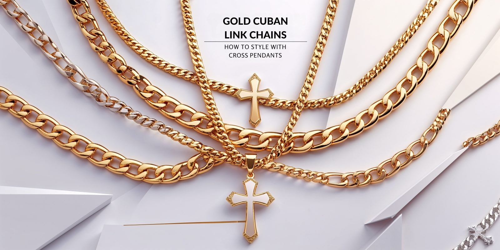 gold Cuban link chains styled with cross pendants, showcasing a variety of chain lengths and one silver-toned cross pendant, all featuring a shiny, polished finish.