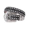 Engraved Buckle Shiny Black Strap with Black and Silver Studs Rhinestone Belt-Belts-The Rhinestone Belts