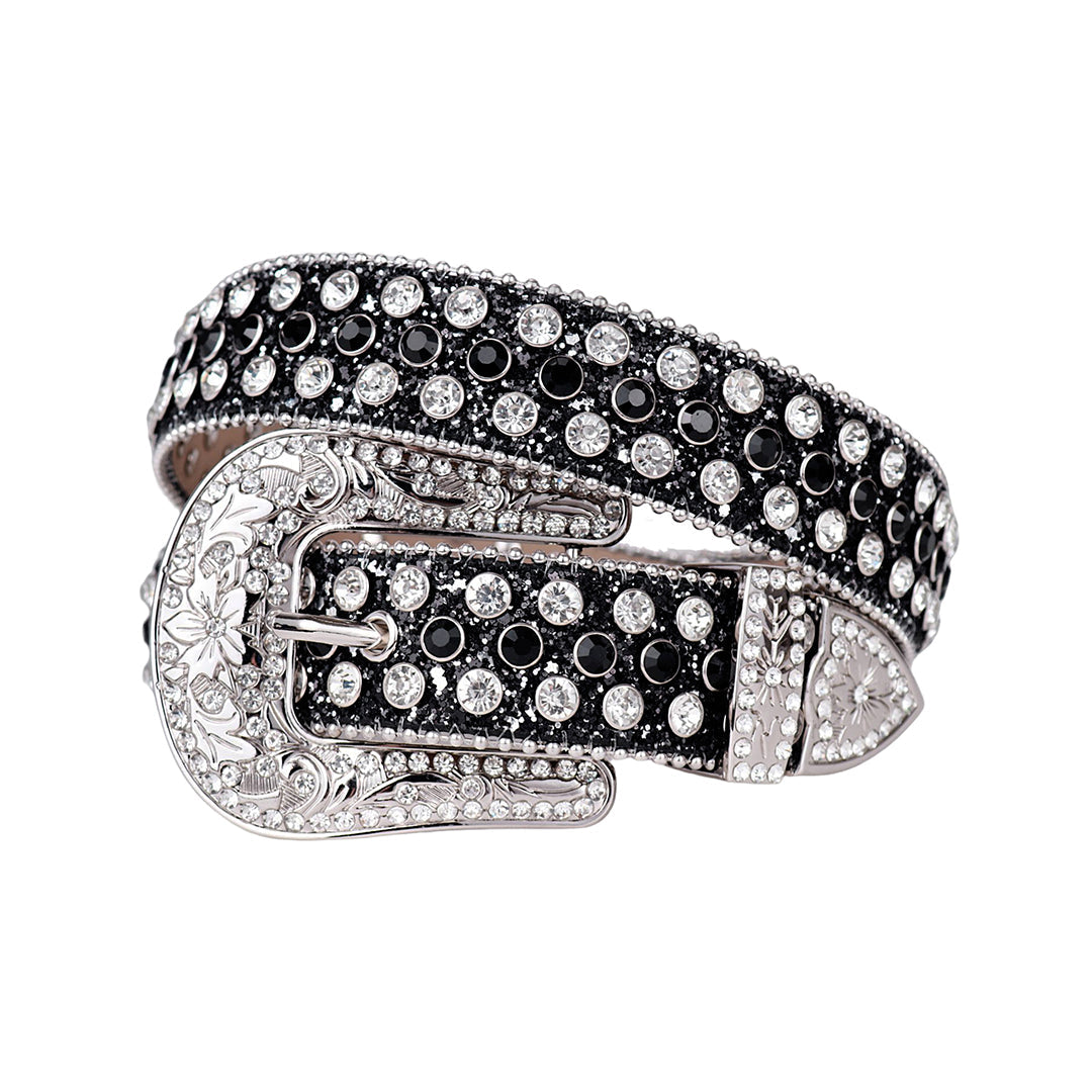 Engraved Buckle Shiny Black Strap with Black and Silver Studs Rhinestone Belt-Belts-The Rhinestone Belts
