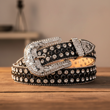 Engraved Buckle Shiny Black Strap with Black and Silver Studs Rhinestone Belt