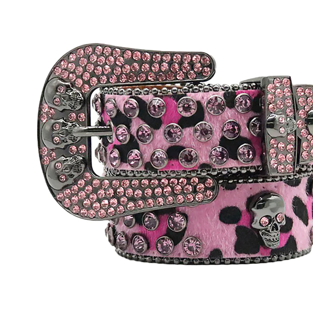 Skull Buckle Pink Patterned Strap with Pink Studs Rhinestone Belt-Belts-The Rhinestone Belts