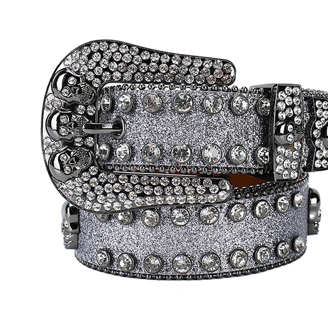 Skull Buckle Grey Strap with Grey Studs Rhinestone Belt-Belts-The Rhinestone Belts