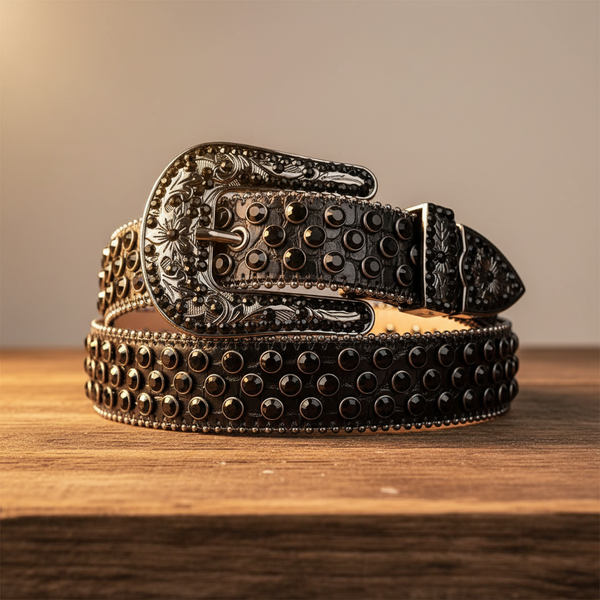 Engraved Buckle Black Strap with Black Studs Rhinestone Belt