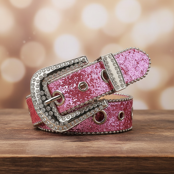 Pink Luxury Glitter Rhinestone Belt with Crystal Buckle & Western Shine